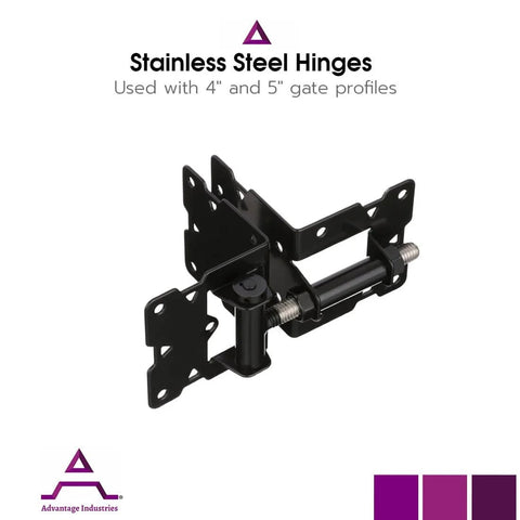 Stainless Steel Self-Closing Gate Hinge Set Long Leg With Horizontal Adjustable Tension Enclosed Spring Tight Hinge Tolerance For Vinyl PVC Fences Pair Of Black Gate Hinges For 2-Side Attachment shown in black with three-side attachment for 4" and 5" gate profiles.