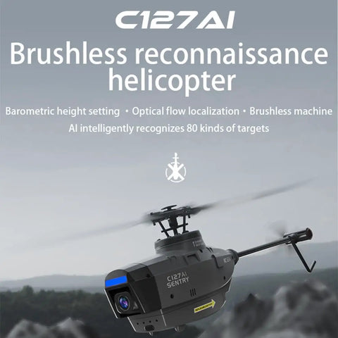 C127AI Scout RC Drone With Brushless Single Rotor Beast Mode Performance, 1080P Camera, outdoor flying over landscape