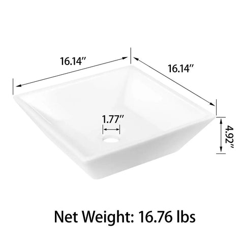 White Square Ceramic Countertop Vessel Sink For Bathroom 16 By 16 By 4.92 Inches Durable Ceramic With No Fuss Surface Mount Installation Sleek Modern Vanity Upgrade For A Fresh Look shown with dimensions and weight