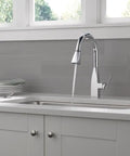 Xander Single-Handle Chrome Kitchen Faucet With Pull-Down Sprayer Easy Install For 1-Hole Or 3-Hole Sinks in modern kitchen setting