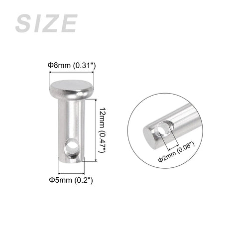 Clevis Pins 5mm x 12mm, 20 Pcs, Single Hole Flat Head, Heavy Duty 304 Stainless Steel Fasteners For Metal Devices, Furniture Installation, Industrial DIY Projects, Hinges And Shafts. Size diagram showing 8mm head, 12mm length, 5mm pin, 2mm hole.