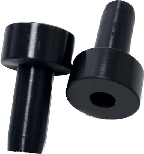 Beefy PE Stopper Set For Zip Line Spring Brake Systems, heavy duty black hard plastic impact cushions, front view, 0.52 inch aperture