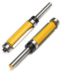 Premium Flush Trim Router Bit Two Piece Set Featuring Quarter Inch Shank And Dual Top And Bottom Ball Bearings Made From Tough Carbide Steel showing yellow-tipped router bits.