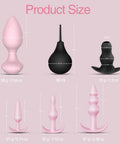 Size chart for Six Pack Silicone Anal Plug Training Kit With Remote Control Vibrating Butt Plugs in pink and black.
