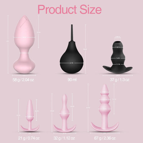 Size chart for Six Pack Silicone Anal Plug Training Kit With Remote Control Vibrating Butt Plugs in pink and black.