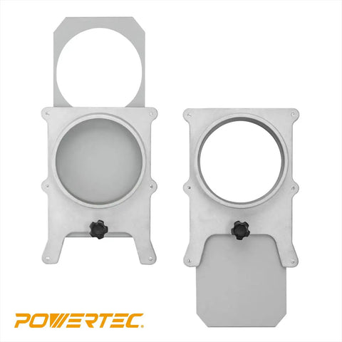 Two 4 Inch Aluminum Blast Gates for Dust Collection System, showing self-cleaning groove and easy sliding locking stop mechanism.