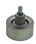 High Performance PQH500090 Drive Belt Idler Pulley with metallic finish and smooth surface for reliable engine performance.