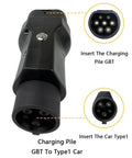 High Performance GBT Socket To Type 1 Plug Adapter For EV Chargers showing close-up of charging connectors and push button, sleek design.