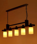 Rectangular Wood And Metal Pendant Light For Kitchen Island Delivering Hella Rustic Industrial Vibes With Five E27 Edison Fixtures And Clear Glass Shades, featuring five frosted glass shades.