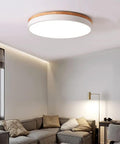 Dimmable Wood LED Flush Mount Ceiling Light With Five CCTs 2700K To 6000K Modern Round Close To Ceiling Fixture In Room