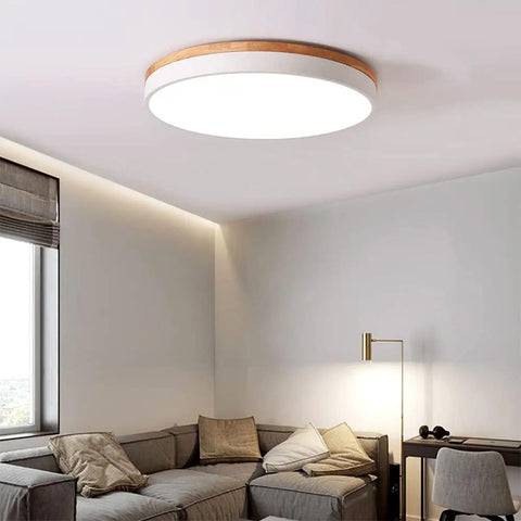 Dimmable Wood LED Flush Mount Ceiling Light With Five CCTs 2700K To 6000K Modern Round Close To Ceiling Fixture In Room