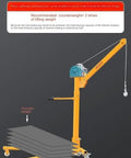 Tough As Nails Mobile Small Crane in reverse mode with stacked materials, featuring silent rubber casters for stability.