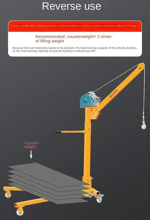 Tough As Nails Mobile Small Crane in reverse mode with stacked materials, featuring silent rubber casters for stability.