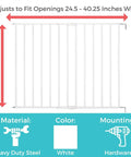 Hardware Mounted Metal Baby Gate For Stairs And Doorways, Walk Through Child Safety Barrier With Zero Threshold, Adjustable Up To Forty Inches Wide, Thirty Inches Tall, Crisp White shown with size details and mounting instructions.