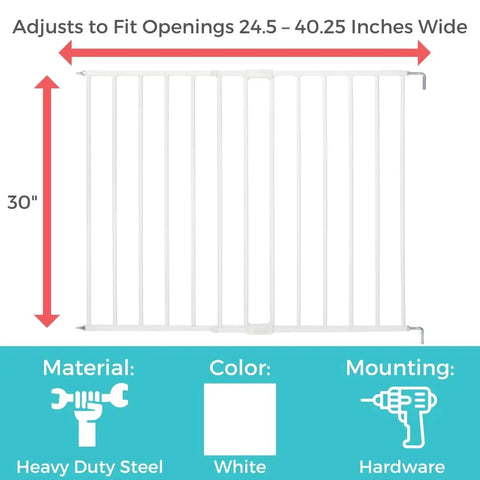 Hardware Mounted Metal Baby Gate For Stairs And Doorways, Walk Through Child Safety Barrier With Zero Threshold, Adjustable Up To Forty Inches Wide, Thirty Inches Tall, Crisp White shown with size details and mounting instructions.