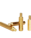 35 Piece Hex Brass Standoff Spacer Kit With Dual Threaded Ends For PCBs And Electronics Chassis Mounting Gear Up Your DIY Projects With Brass Standoffs And Spacers For Quick Easy Reliable Builds. Brass hex standoffs shown upright and angled