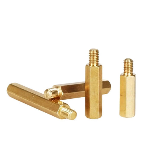 35 Piece Hex Brass Standoff Spacer Kit With Dual Threaded Ends For PCBs And Electronics Chassis Mounting Gear Up Your DIY Projects With Brass Standoffs And Spacers For Quick Easy Reliable Builds. Brass hex standoffs shown upright and angled