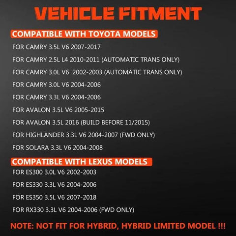 Vehicle fitment list for Front Right CV Axle Shaft Assembly, includes various Camry, Avalon, Highlander, Solara, RX330, RX350 models