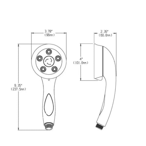 Technical drawing of Caspian Anystream Multi Function Handheld Shower Head With 5 Adjustable Jets, dimensions included.