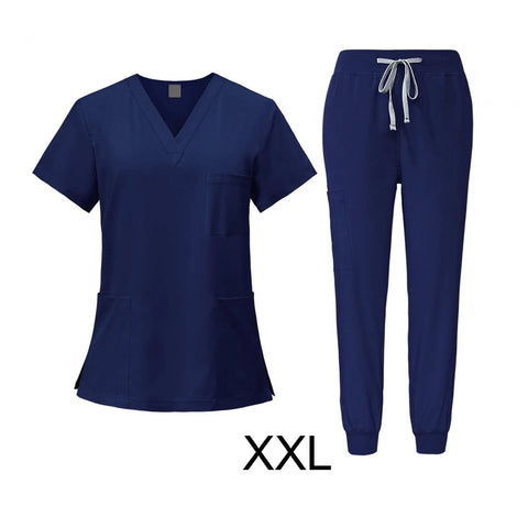 Women Scrubs Set For Nurses, Machine Washable Uniform Top And Jogging Pants, Easy Care Workwear For Hospitals Spas Beauty Salons Pet Grooming Navy Blue XXL