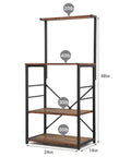 Solid Build Four Tier Wooden Storage Rack and Bakery Shelf for Your Kitchen or Living Room Featuring Rustic Industrial Charm Heavy Duty Microwave Oven Stand with No Sweat Assembly and Hella Tough Waterproof Finish with measurements.