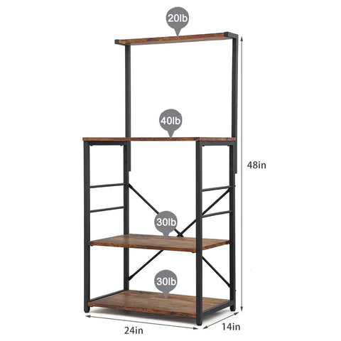 Solid Build Four Tier Wooden Storage Rack and Bakery Shelf for Your Kitchen or Living Room Featuring Rustic Industrial Charm Heavy Duty Microwave Oven Stand with No Sweat Assembly and Hella Tough Waterproof Finish with measurements.
