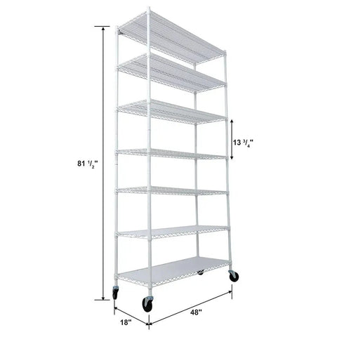 Seven Tier Heavy Duty Wire Storage Shelving Unit With Adjustable Shelves And Locking Casters 82 Inches Tall 48 By 18 Inch Base