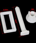 Premium Built Tough Rectangular White Plastic Toilet Seat Hinge Bolts With Nuts And Washers Blind Hole Mounting kit parts with measurements.