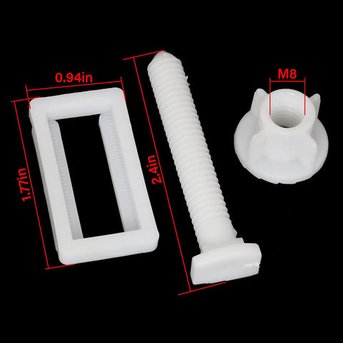 Premium Built Tough Rectangular White Plastic Toilet Seat Hinge Bolts With Nuts And Washers Blind Hole Mounting kit parts with measurements.