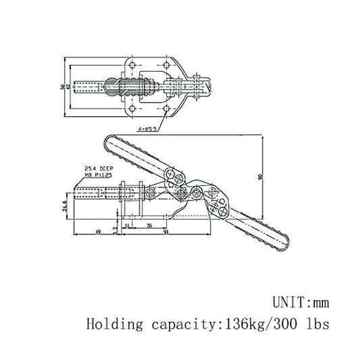 Technical drawing of Beefy Pro Grade Toggle Clamp Quick Release Push Pull 302F, 300 Lbs Holding Capacity