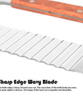 Stainless steel wavy crinkle cutter blade with wooden handle, close-up view.