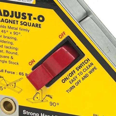 Close-up of Adjust O Heavy Duty Magnetic Square With On Off Switch For Metalworking 65 LB Pull Ideal For 45 And 90 Degree Setup.