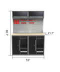 Heavy Duty Freestanding Garage Workbench And Steel Storage Rig Includes Tool Cabinets Panels Hooks Lockers Filing Unit Wardrobe 59 inch workspace with black and grey steel construction.