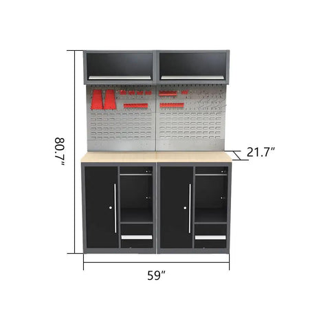 Heavy Duty Freestanding Garage Workbench And Steel Storage Rig Includes Tool Cabinets Panels Hooks Lockers Filing Unit Wardrobe 59 inch workspace with black and grey steel construction.