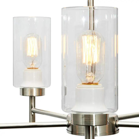 Close-up of 5-Light Modern Chandelier With Clear Glass Shades And Brushed Nickel Finish For Dining Room Living Room Bedroom Home Decor Contemporary Ceiling Lighting Fixture, showing clear glass shades and nickel finish.
