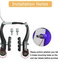 Universal Bike Brakes Set Front And Rear For Mountain And Road Bikes with V Brakes showing parts and installation notes