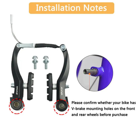 Universal Bike Brakes Set Front And Rear For Mountain And Road Bikes with V Brakes showing parts and installation notes