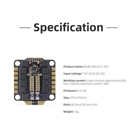 Product specifications of 60A Four In One ESC For FPV Drones 2 To 6S With DShot Digital Protocols Immersion Gold Pads Plug And Play.