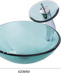 UMJIGF Tempered Glass Vessel Sink with Faucet and Drain Combo for Modern Bathroom Countertops showcasing a round turquoise sink and waterfall faucet.