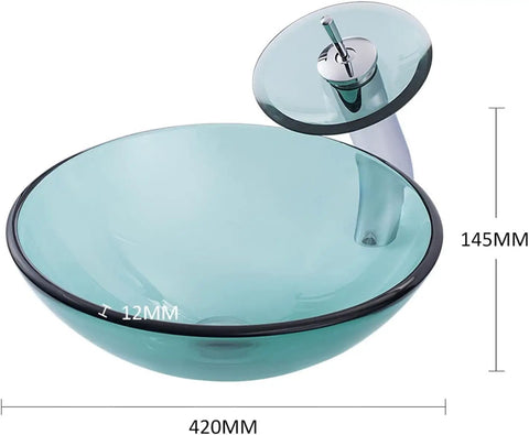 UMJIGF Tempered Glass Vessel Sink with Faucet and Drain Combo for Modern Bathroom Countertops showcasing a round turquoise sink and waterfall faucet.