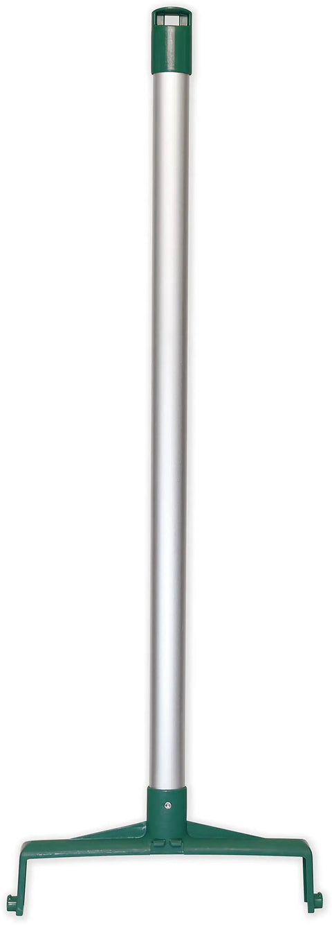 Real Deal Upright Commercial Dustpan With A 30 Inch Aluminum Handle for quick cleanup in green, featuring sturdy base and tall design.