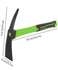 Double Sided Pick Axe For Digging 16 Point 9 Inch Mattock with non-slip handle, shown at an angle with dimensions labeled