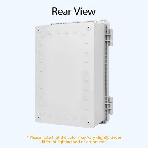 Built Tough IP67 Waterproof Junction Box with Heavy Duty Hinged Lid grey rear view showcasing ABS plastic construction and cable access.