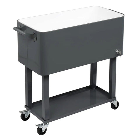 80 Quart Rolling Ice Chest Cooler Cart For Patio And Poolside Parties Portable Bar Beverage Cooler With Drain Plug Easy Clean Stand Up Cart For Backyard BBQ And Outdoor Entertaining Gray