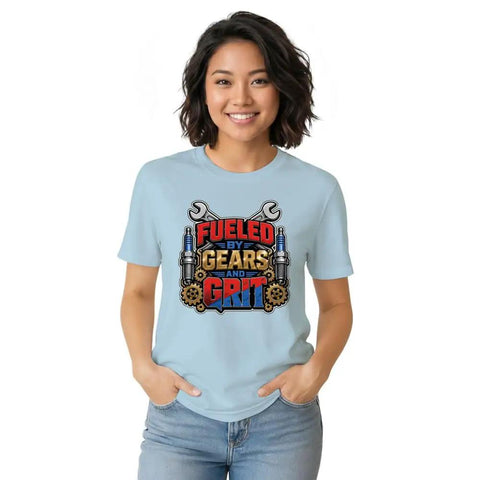 Fresh Engineer Gear Badge Tee For Mechanics And Makers Cool Mechanical Engineering Industrial Gift Shirt For Tinkerers With Grit Garage Vibes And Workshop Energy Modern Vector Print Design worn by a woman in blue with bold graphic.