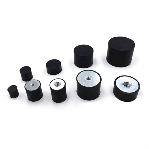 Four Pack Heavy Duty Rubber Vibration Isolator Mounts with Single Female Thread M6 M8 displayed in various sizes.