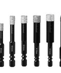 Top Shelf Diamond Drill Bit Set With Hex Shank And Carbide Pilot Bit For Dry Or Wet Use On Tile Marble Granite Glass And Stone, six pieces.