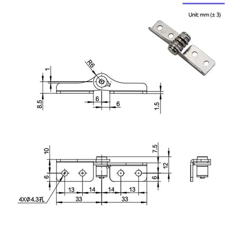 Stainless steel damping hinge with adjustable torque and free stop; front and side views; 1 piece