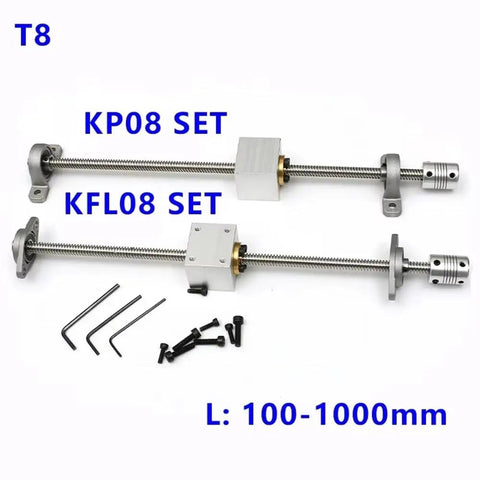 Upgrade Your Rig With This Smooth T8 Lead Screw Set For 3D Printers And CNC Makers Featuring 550mm Length 2Mm Pitch Fast Linear Motion Vertical Or Horizontal Mounting Hardened TR8 Rods Wear Resistant Brass Nuts For Pro Level Precision Builds. T8 lead screw set with brass nut, 100-1000mm, KP08 and KF08 mounts, screws, and hex keys