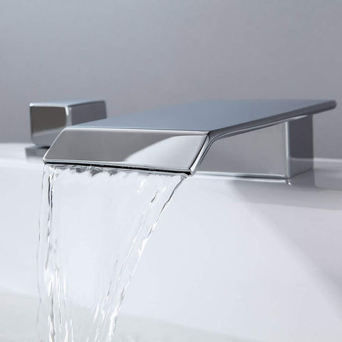 Waterfall Spout Bathroom Sink Faucet In Polished Chrome For Three Hole Widespread Setup With Double Square Handles Solid Brass